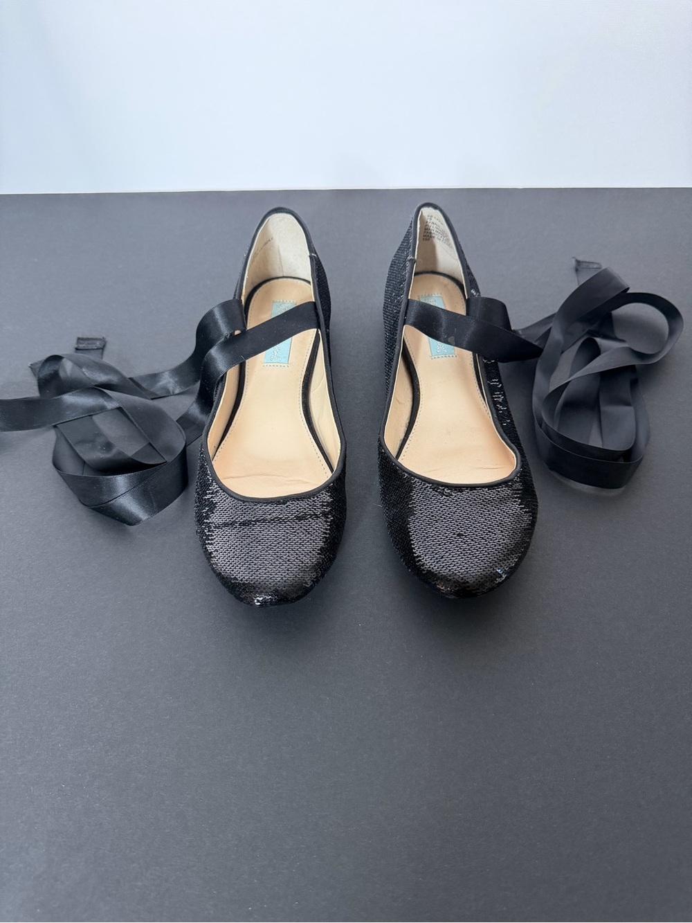 Blue by Betsey Johnson Black Sequin Ballet Flats with Satin Ribbon Ties